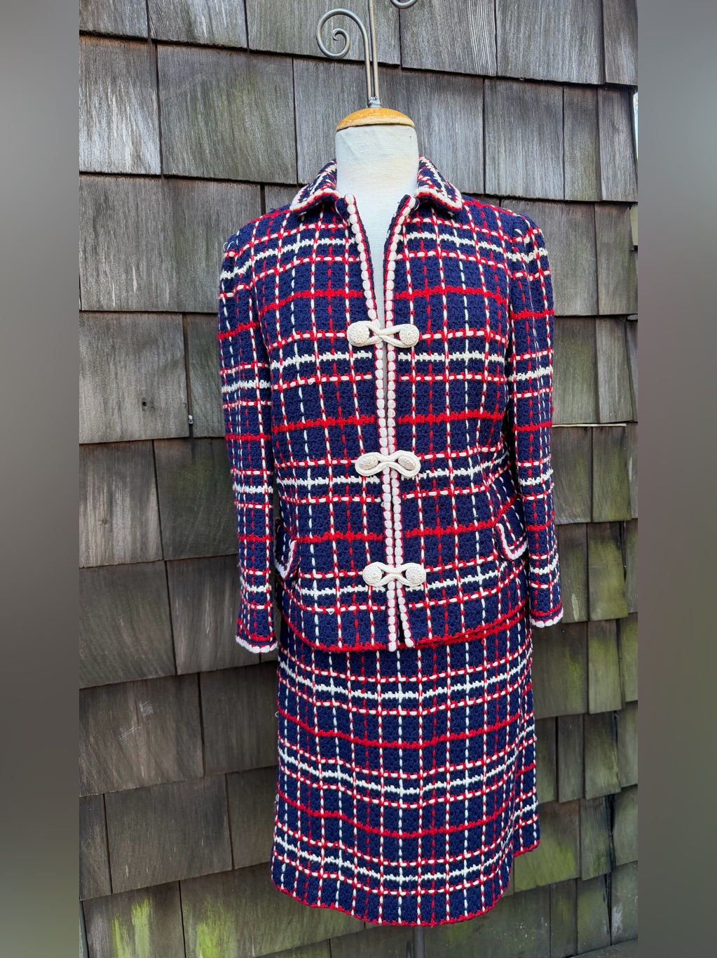 Vintage Preppy Suit Skirt & Jacket Red White Blue Knit Tweed Sz S/M Custom Made.